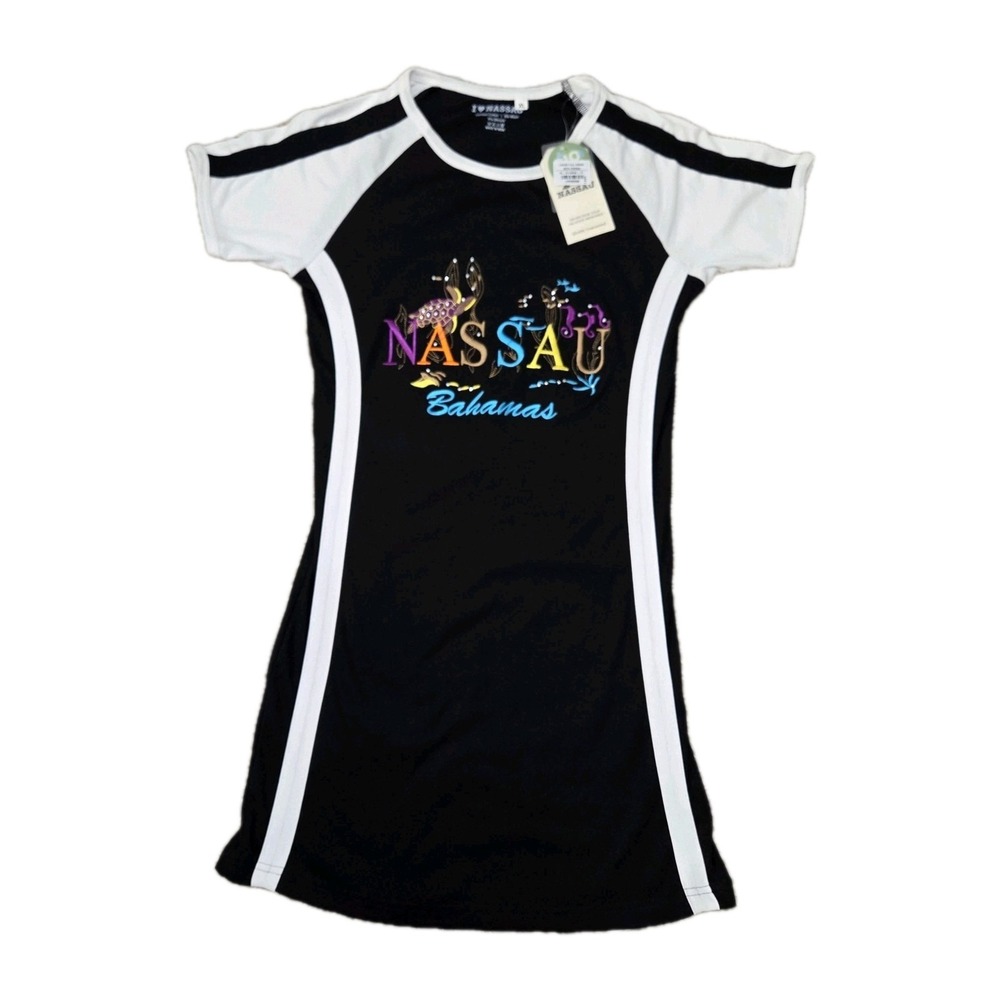 Nassau Bahamas Embroidered T-Shirt Dress Womens M‎ Black White Vacation NWT
